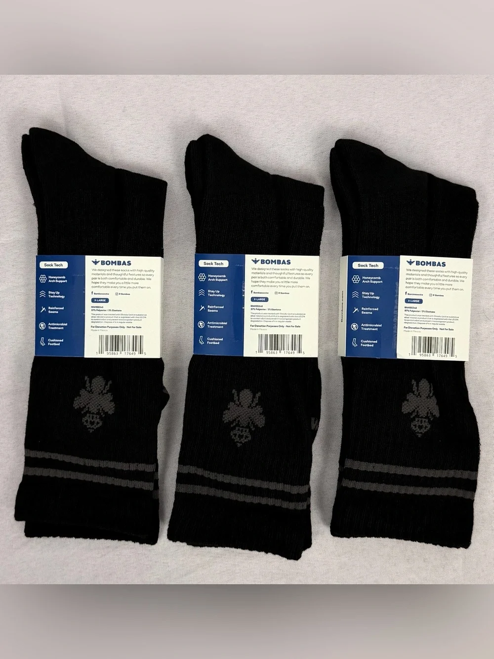 Bombas (Set of 3 Pair)Black Calf Athletic Socks with Gray Stripes & Bee XL NWT